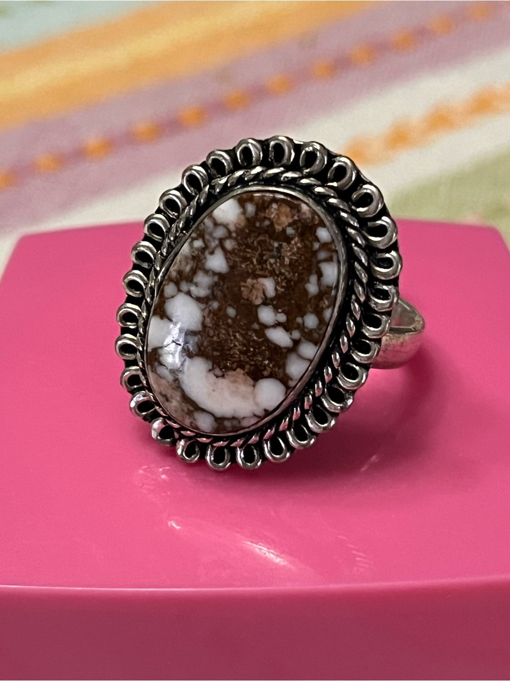 Southwestern style ring Oval Wild Horse White Buffalo Jasper